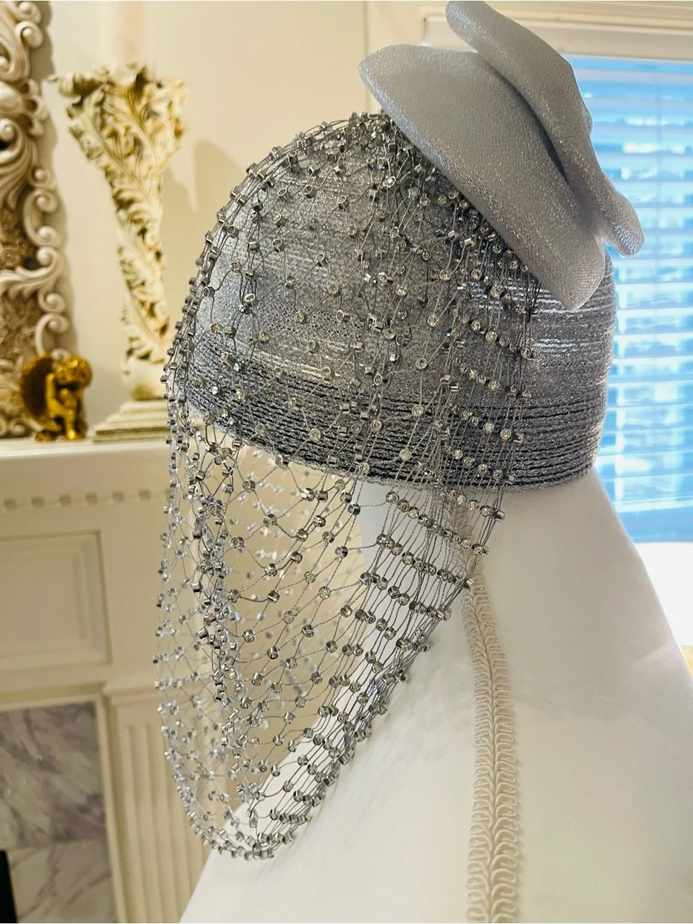 Silver Beaded Veil Fascinator Hat - Picture 1 of 13